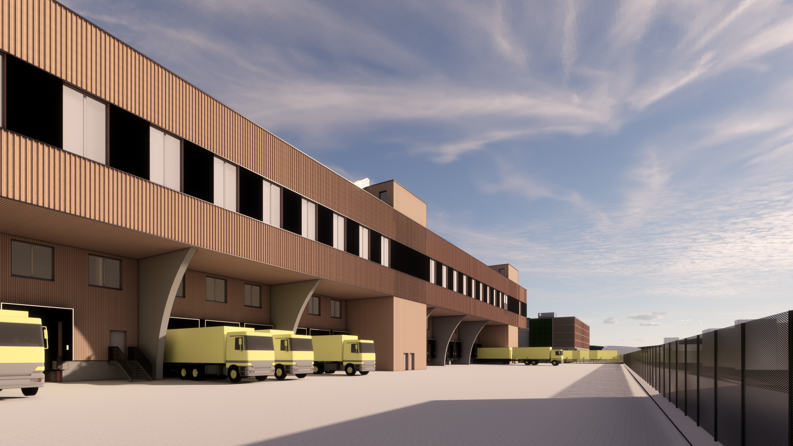 Visualisierung des geplanten Paketzentrums der Post mit Ladetoren für diverse LKW auf der vorderseite des Gebäudes.